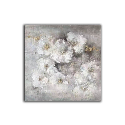 Textured White Floral Painting – Neutral 3D Botanical Canvas in Grey & Gold