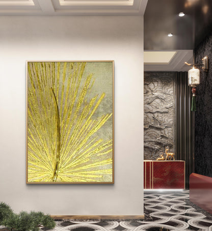 Golden Palm Leaf Abstract Wall Art – Hand-Painted Textured Metallic Canvas