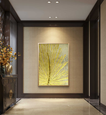 Golden Palm Leaf Abstract Wall Art – Hand-Painted Textured Metallic Canvas