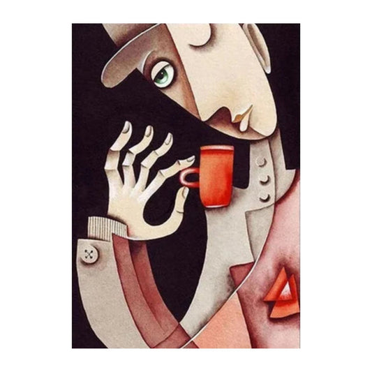 Hand-painted Picasso-inspired cubist portrait with red cup in Nordic tones