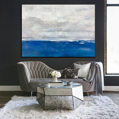 Minimalist Ocean Horizon Painting – Blue and Grey Abstract Seascape Canvas