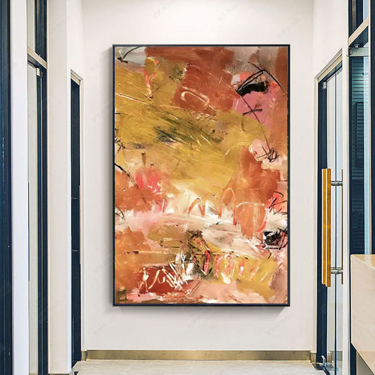 Room mockup. Loose ochre, coral and cream patches crossed by black strokes and fine pale scribbled lines.