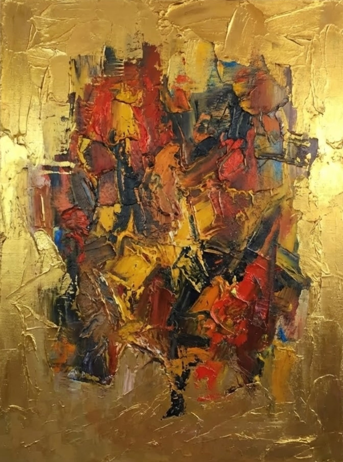 Dense red, orange and black angular marks rise from a heavily textured ochre and gold-coloured field.