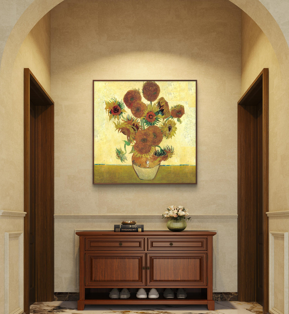 Room mockup. Ochre and yellow sunflowers with green stems in a pale yellow vase on an ochre table against yellow.