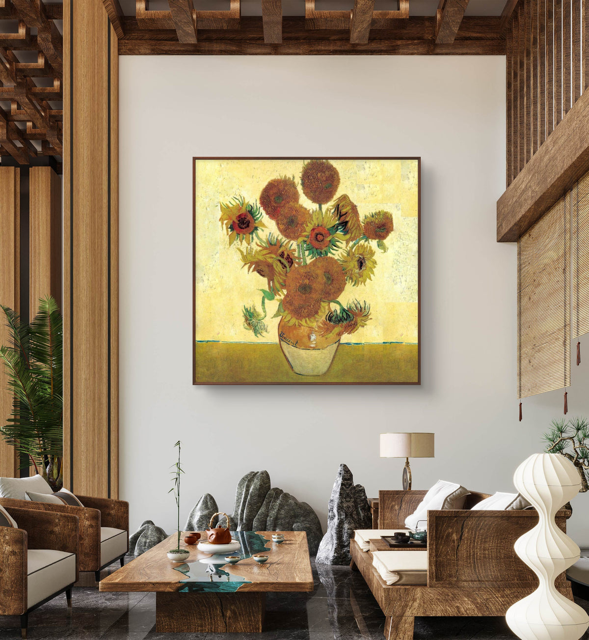 Room mockup. Ochre and yellow sunflowers with green stems in a pale yellow vase on an ochre table against yellow.