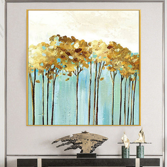 Room mockup. Thin dark tree trunks support rounded ochre foliage above a turquoise field and cream sky.