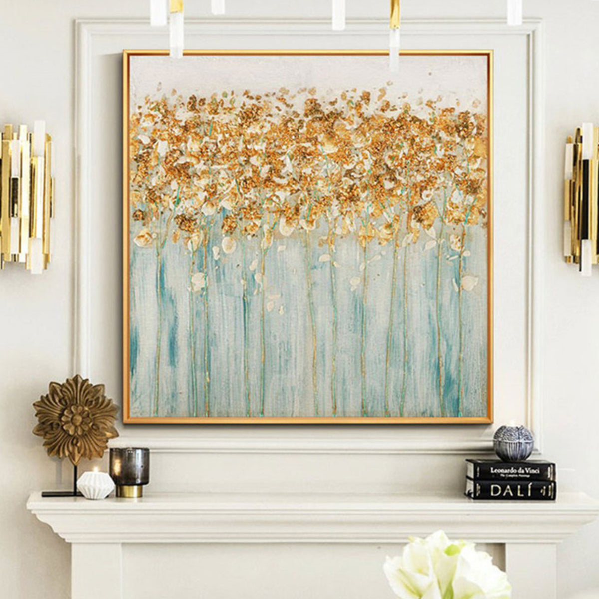 Room mockup. Fine pale tree trunks rise through turquoise to a canopy of ochre and white textured foliage.