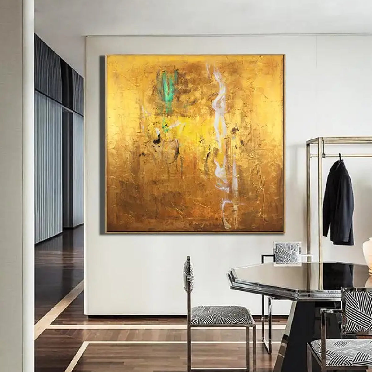 Room mockup. A warm ochre and yellow textured field with small green patches, fine dark marks and a narrow white streak.