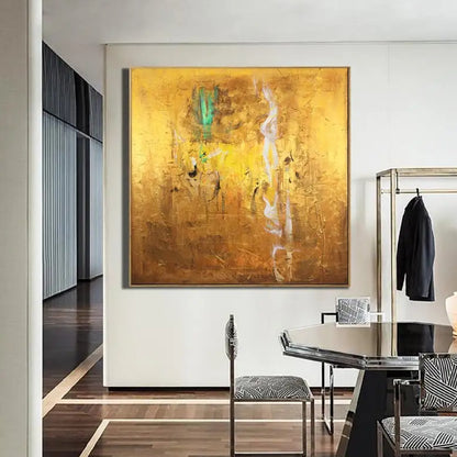 Room mockup. A warm ochre and yellow textured field with small green patches, fine dark marks and a narrow white streak.