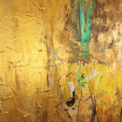 Close-up. A warm ochre and yellow textured field with small green patches, fine dark marks and a narrow white streak.