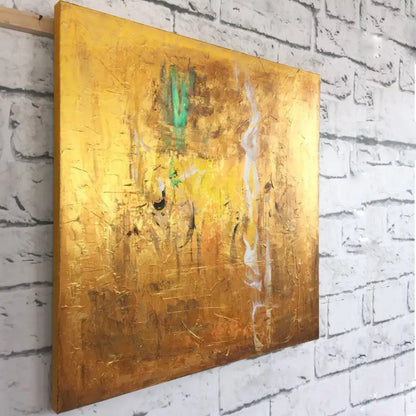 Room mockup. A warm ochre and yellow textured field with small green patches, fine dark marks and a narrow white streak.