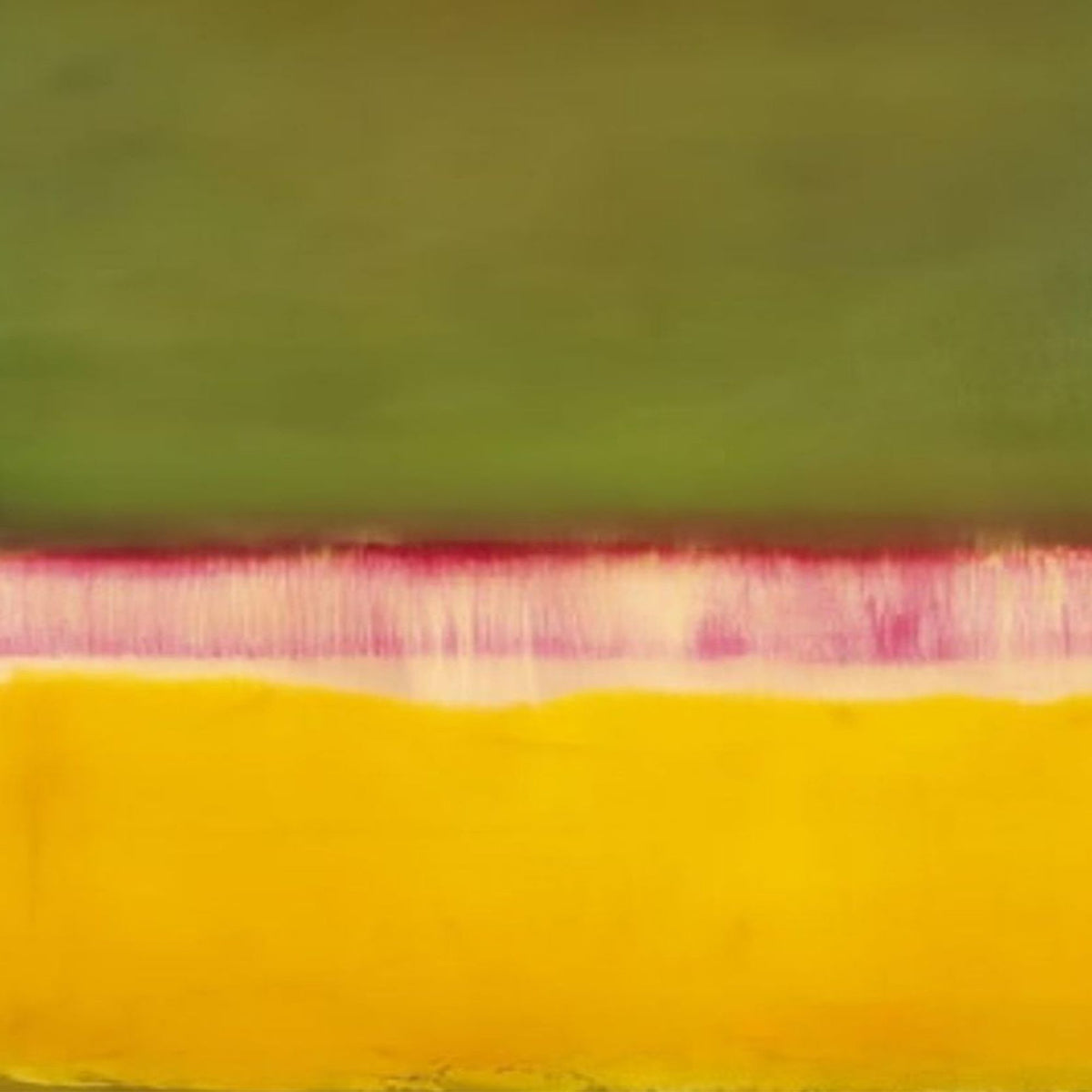 Hand-painted canvas showing olive green above golden yellow with a soft blush horizon.