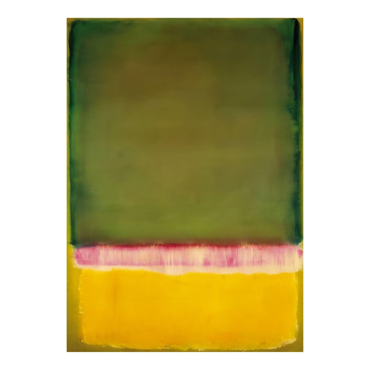 Hand-painted canvas showing olive green above golden yellow with a soft blush horizon.