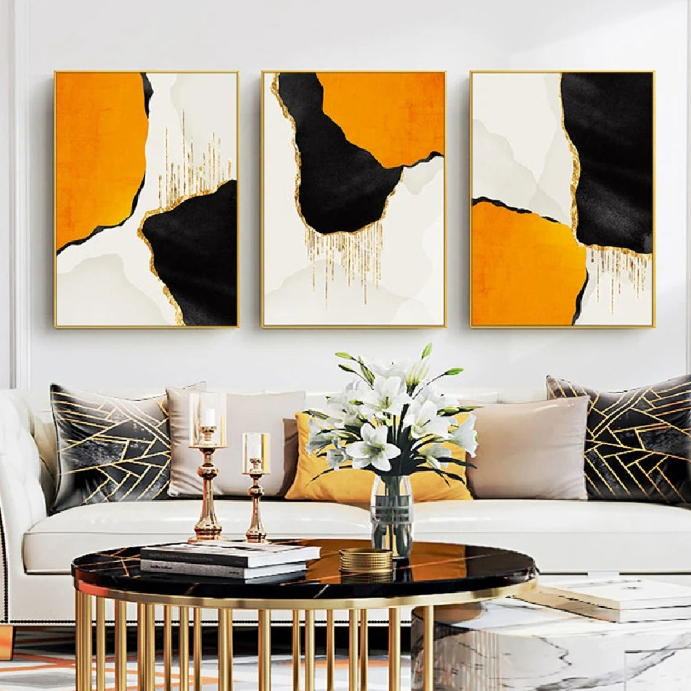 Orange & Black Contrast Home Decoration Set of 3 Abstract Painting