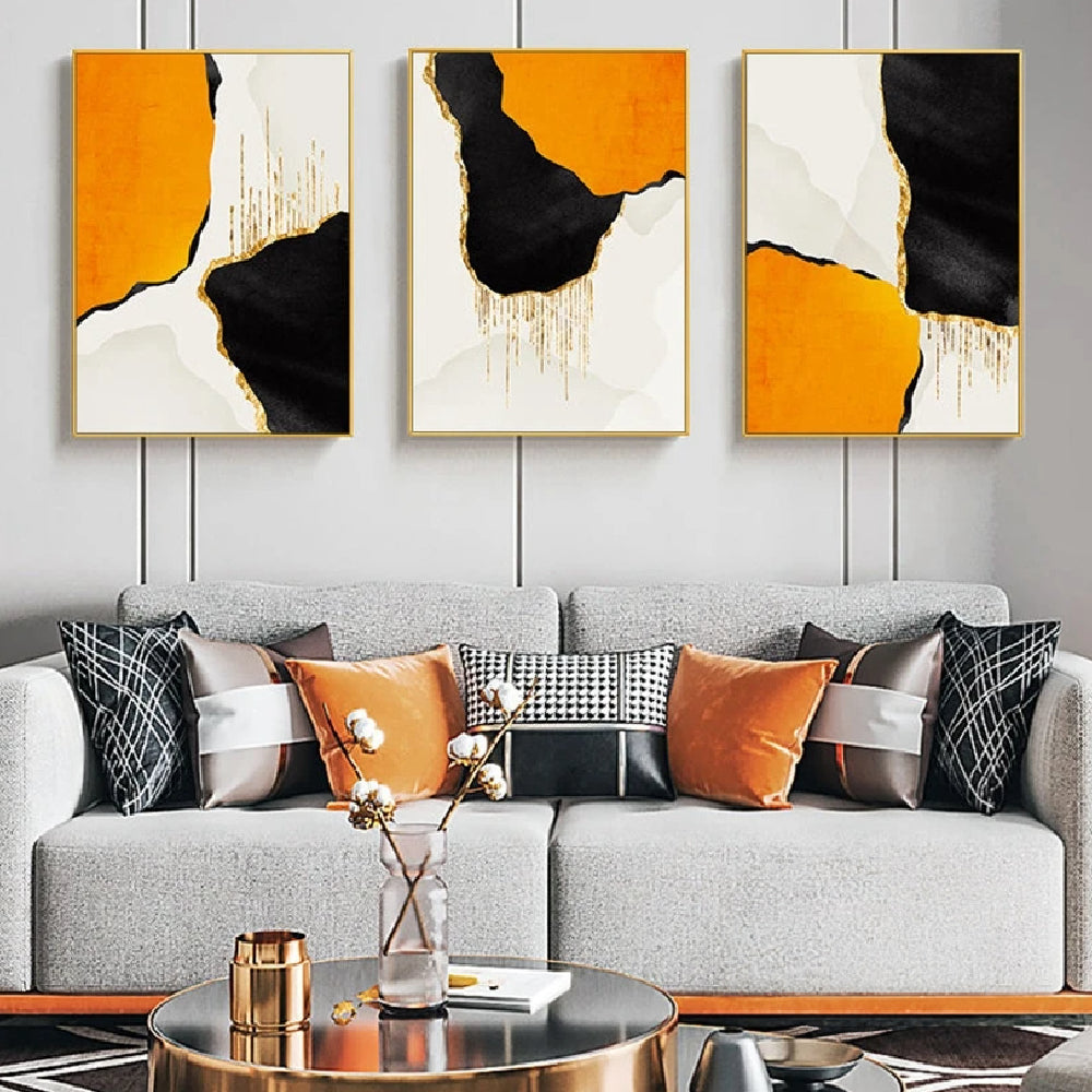 Orange & Black Contrast Home Decoration Set of 3 Abstract Painting