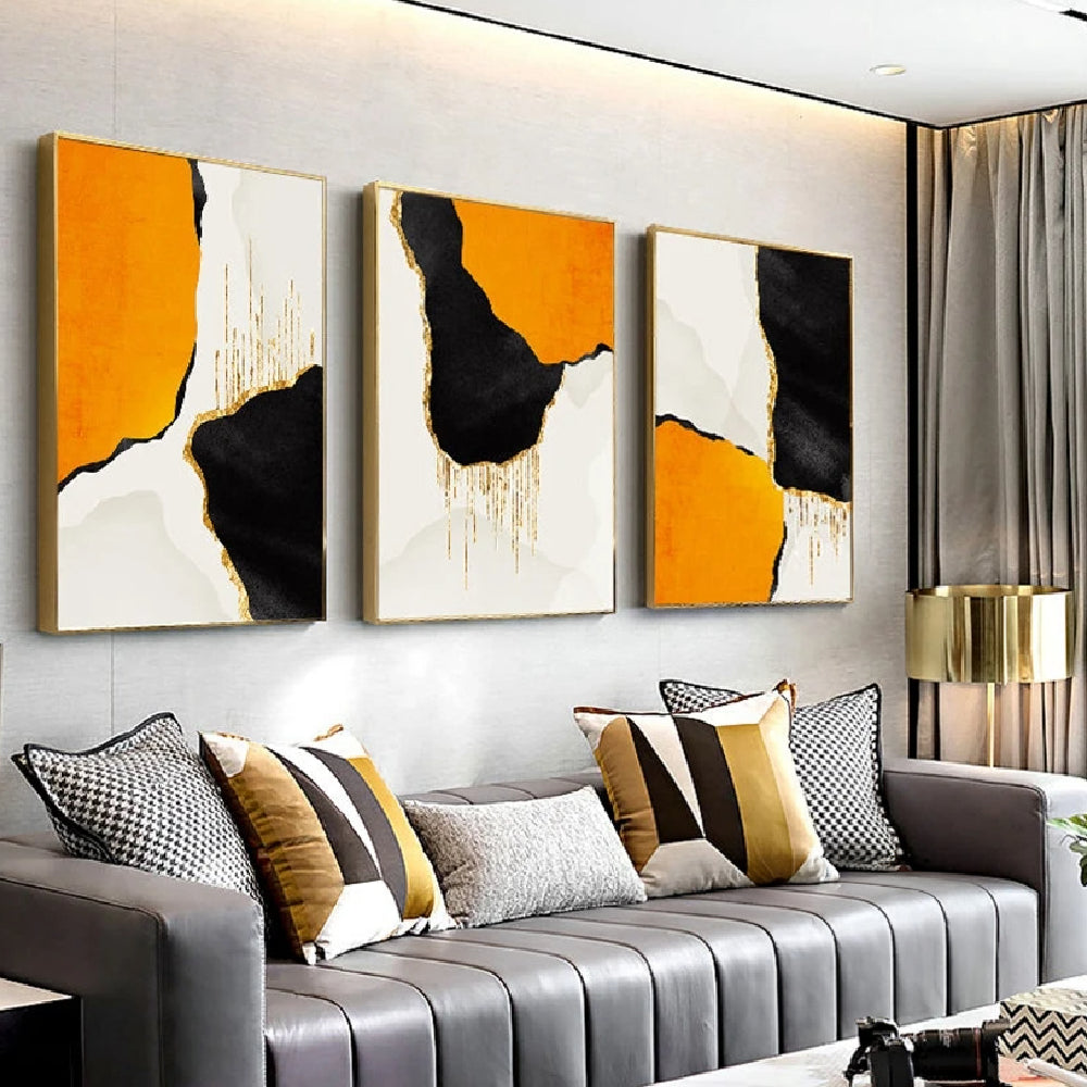 Orange & Black Contrast Home Decoration Set of 3 Abstract Painting