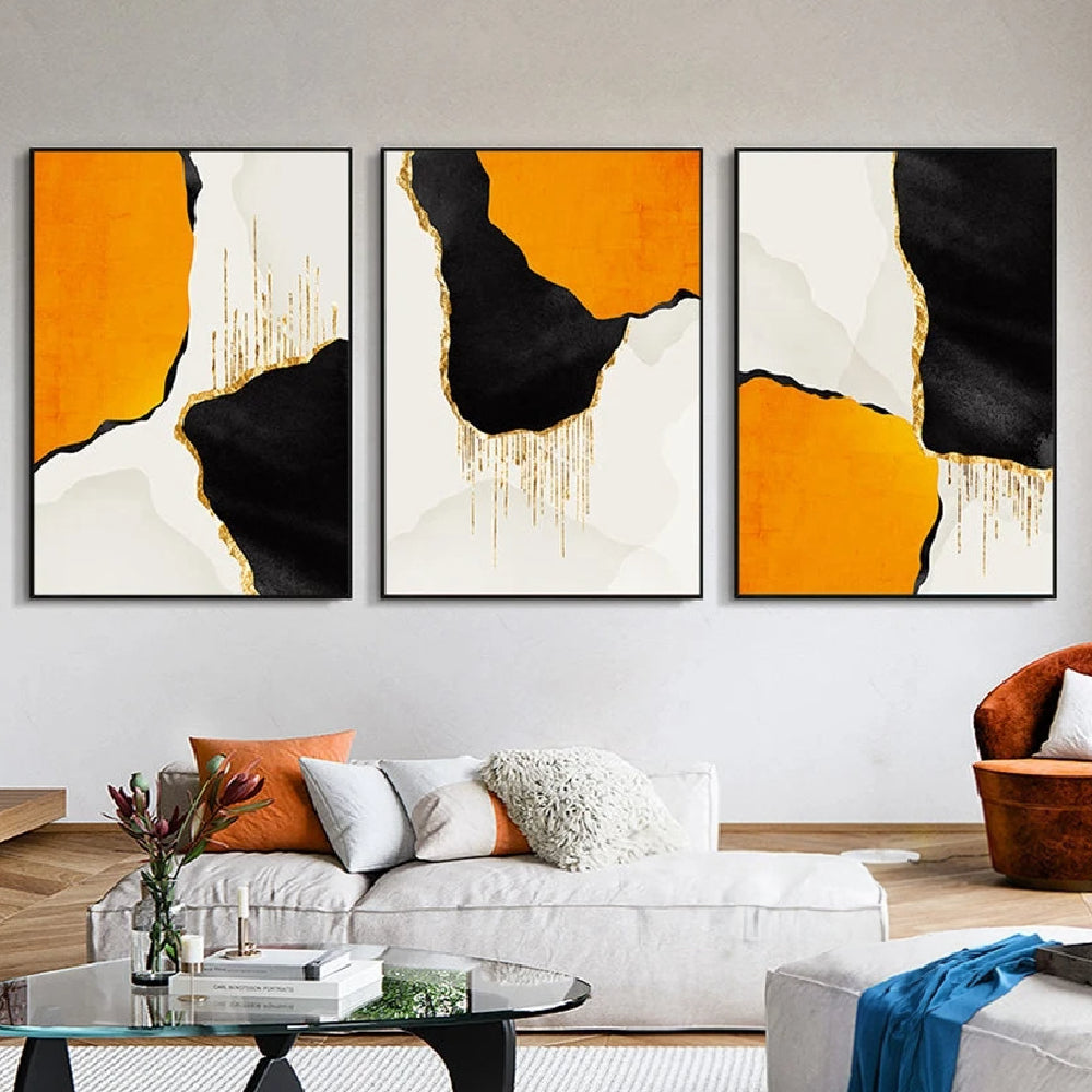 Orange & Black Contrast Home Decoration Set of 3 Abstract Painting