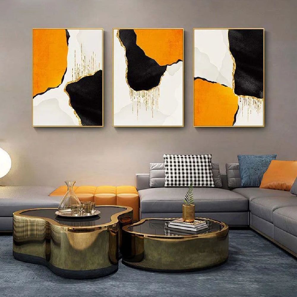 Orange & Black Contrast Home Decoration Set of 3 Abstract Painting