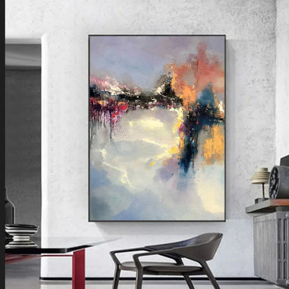 Room mockup. Orange, coral and dark blue strokes cluster around a broken horizontal line above soft grey and cream reflections.