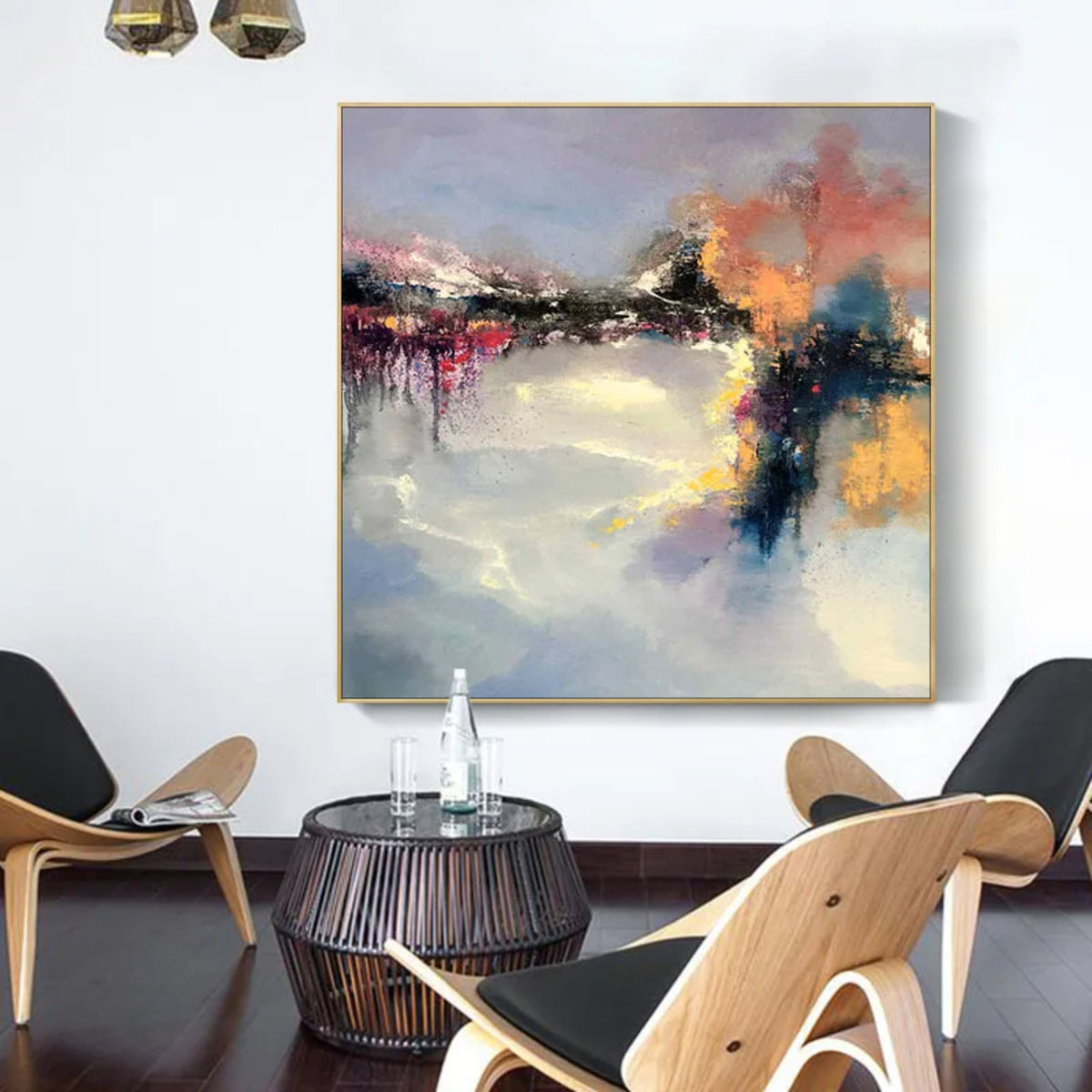 Room mockup. Orange, coral and dark blue strokes cluster around a broken horizontal line above soft grey and cream reflections.