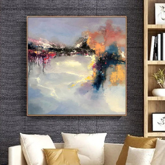 Room mockup. Orange, coral and dark blue strokes cluster around a broken horizontal line above soft grey and cream reflections.