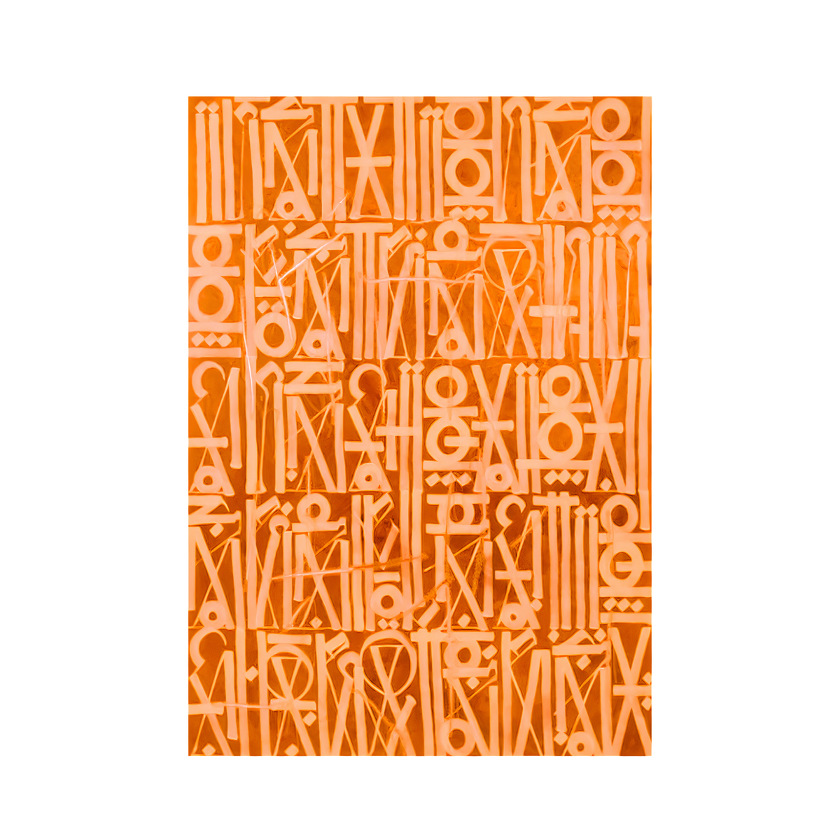 Cream geometric symbols and stylised letterforms in dense rows on an orange background.