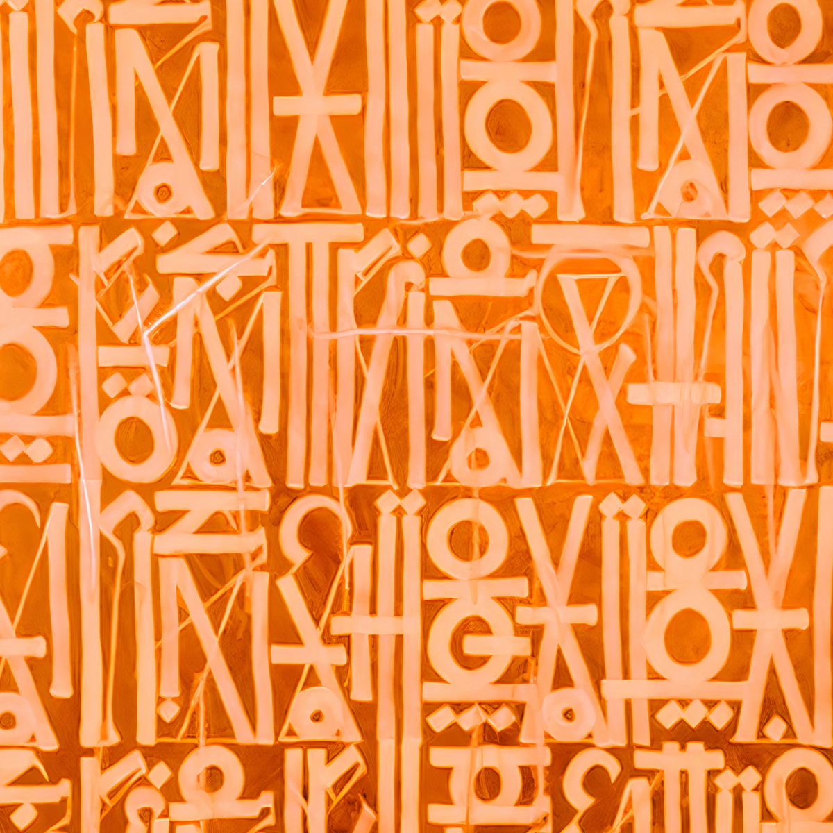 Close-up of cream geometric symbols and stylised letterforms in dense rows on an orange background.
