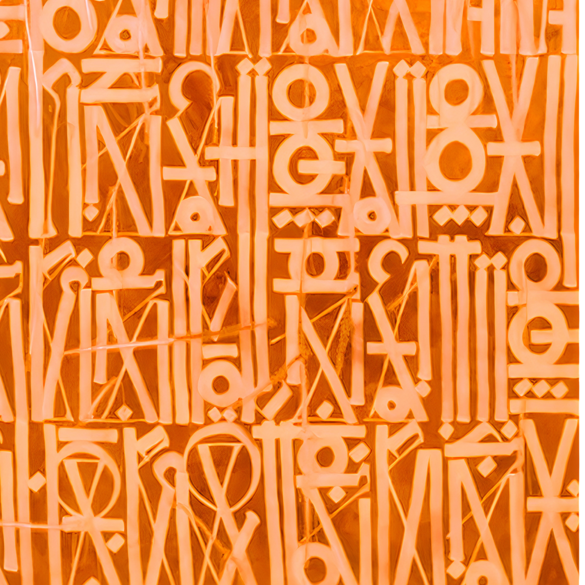 Close-up of cream geometric symbols and stylised letterforms in dense rows on an orange background.