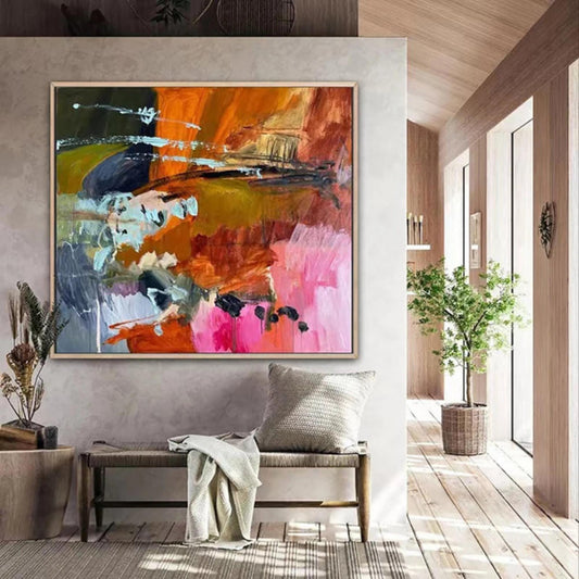 Room mockup showing broad orange, pink, ochre and dark green areas crossed by black and pale blue marks.