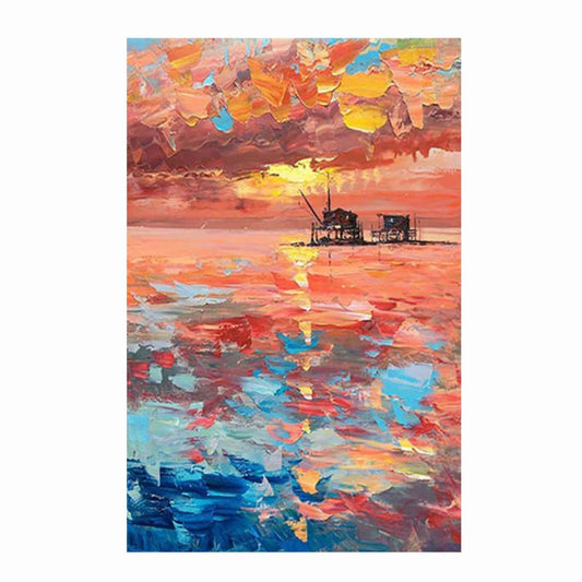 Colorful abstract painting of a sunset over water with a pier.