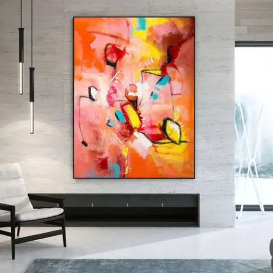 Room mockup. Bright orange, coral and pink fields with yellow and turquoise patches, black loops and thin gestural lines.