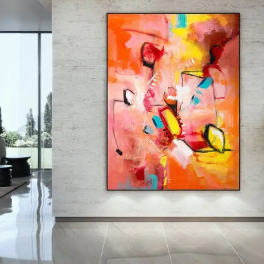 Room mockup. Bright orange, coral and pink fields with yellow and turquoise patches, black loops and thin gestural lines.