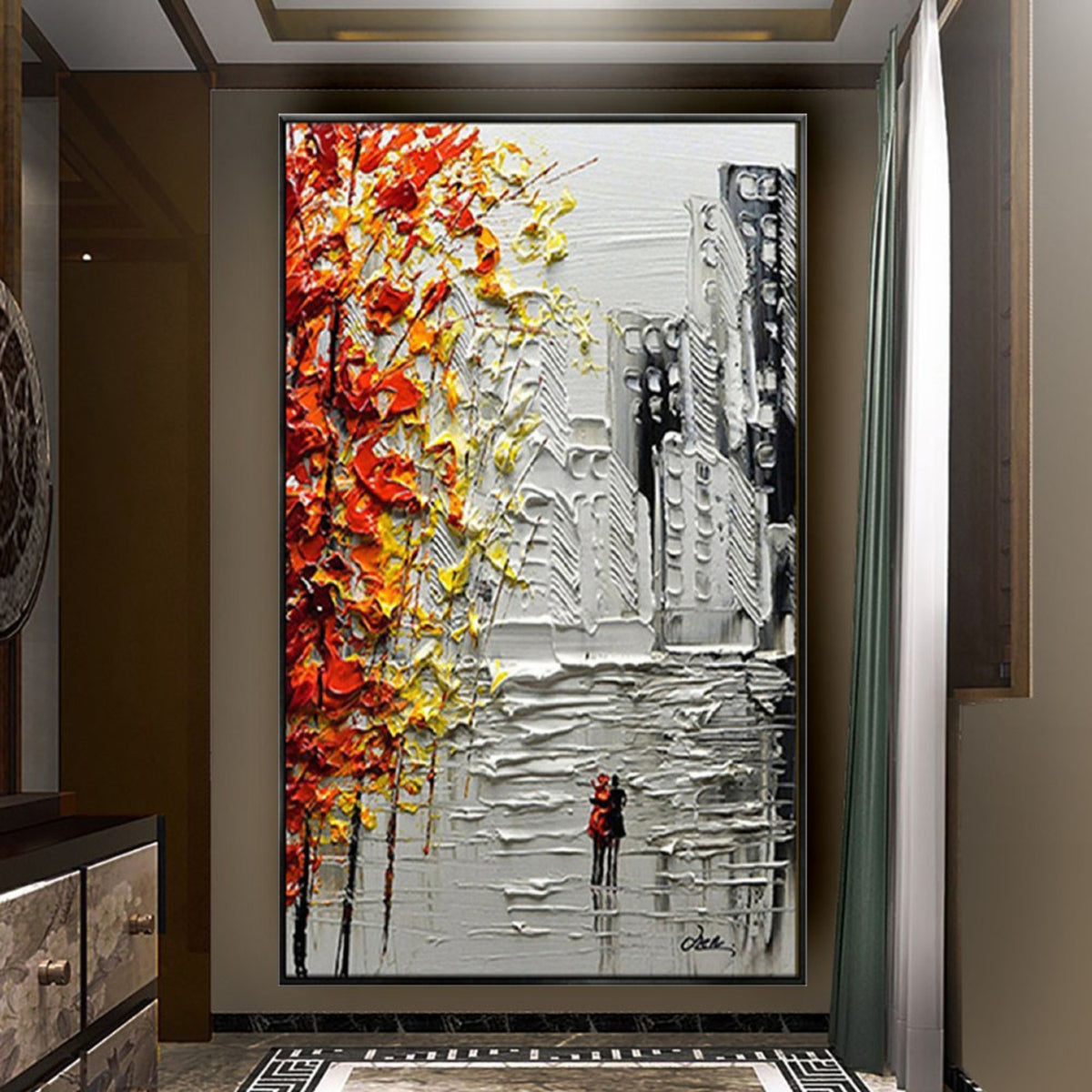Room mockup. Raised orange, yellow and white tree-like marks beside grey buildings, with a small red figure on the street.