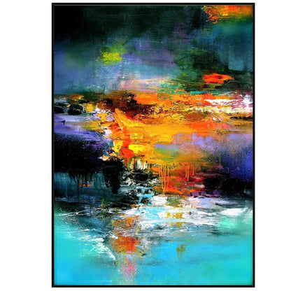 A bright orange and yellow central band contrasts with dark teal and purple above and turquoise and white reflections below.