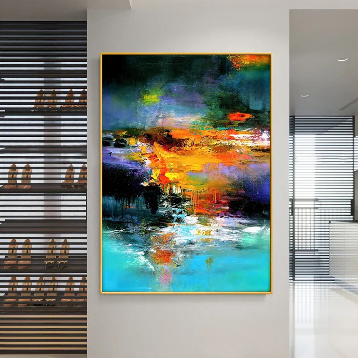 Room mockup. A bright orange and yellow central band contrasts with dark teal and purple above and turquoise and white reflections below.