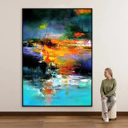 Room mockup. A bright orange and yellow central band contrasts with dark teal and purple above and turquoise and white reflections below.