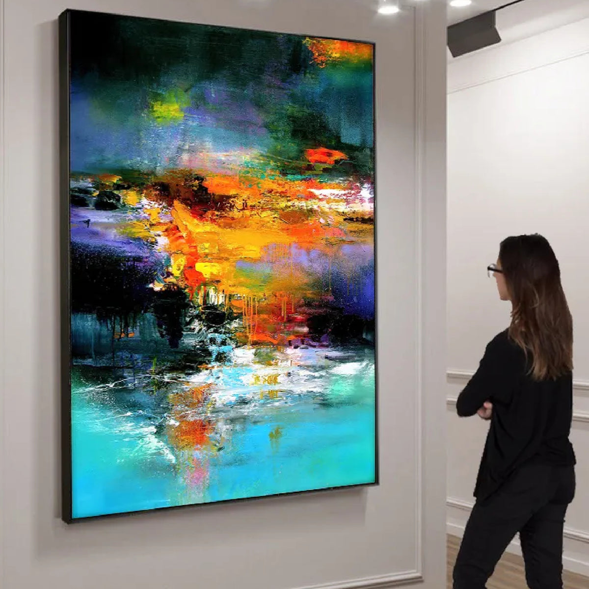 Room mockup. A bright orange and yellow central band contrasts with dark teal and purple above and turquoise and white reflections below.