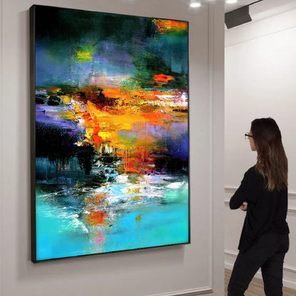 Room mockup. A bright orange and yellow central band contrasts with dark teal and purple above and turquoise and white reflections below.