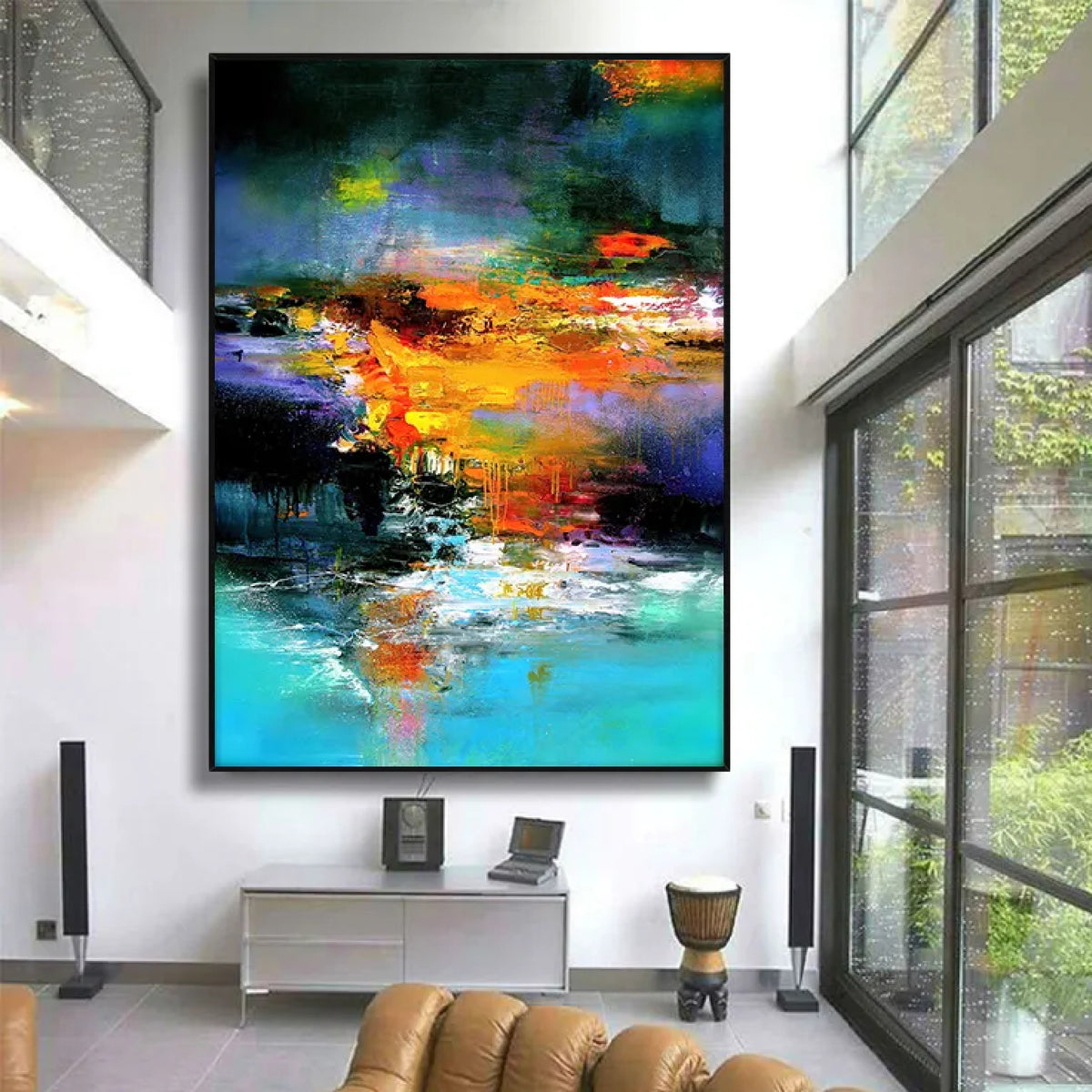 Room mockup. A bright orange and yellow central band contrasts with dark teal and purple above and turquoise and white reflections below.