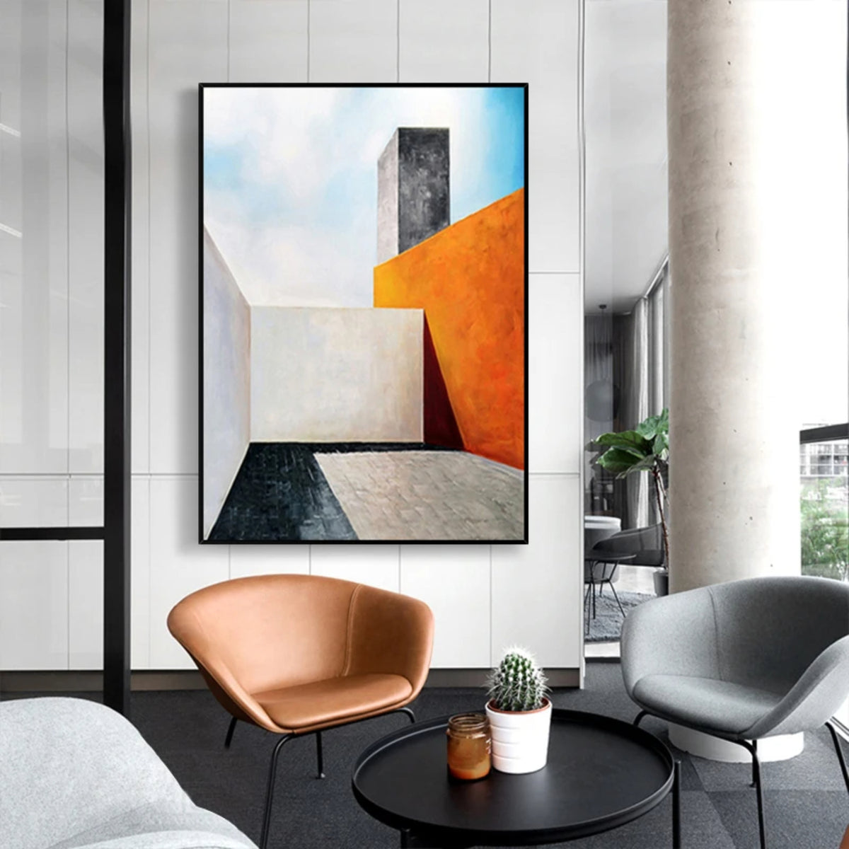 Room mockup. Angular white architectural blocks beside an orange wall and dark tower, with pale blue sky and sharp shadows.