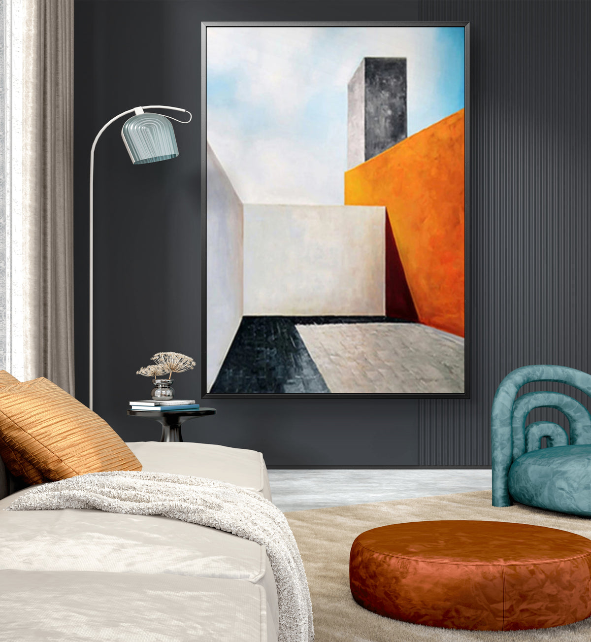 Room mockup. Angular white architectural blocks beside an orange wall and dark tower, with pale blue sky and sharp shadows.