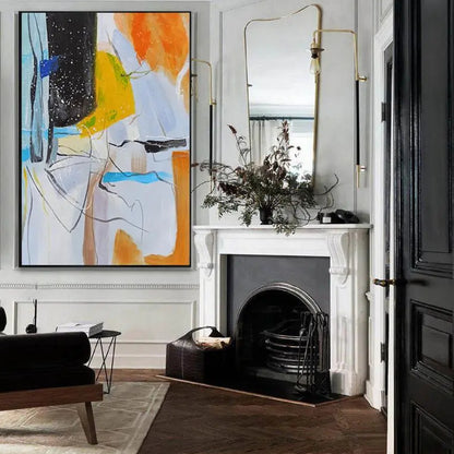 Room mockup. Pale blue and white fields with orange, yellow and black patches, thin scribbled lines and fine white splashes.