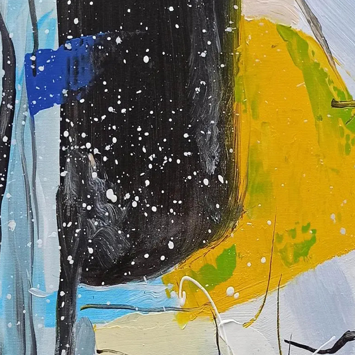 Close-up. Pale blue and white fields with orange, yellow and black patches, thin scribbled lines and fine white splashes.