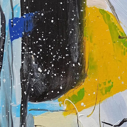 Close-up. Pale blue and white fields with orange, yellow and black patches, thin scribbled lines and fine white splashes.