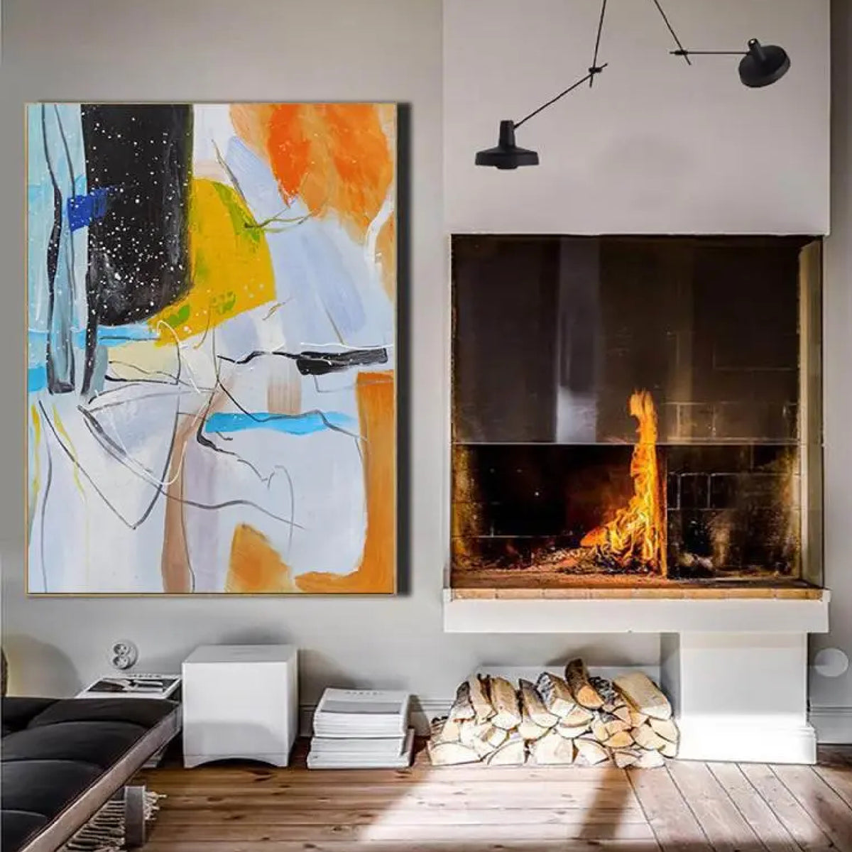 Room mockup. Pale blue and white fields with orange, yellow and black patches, thin scribbled lines and fine white splashes.