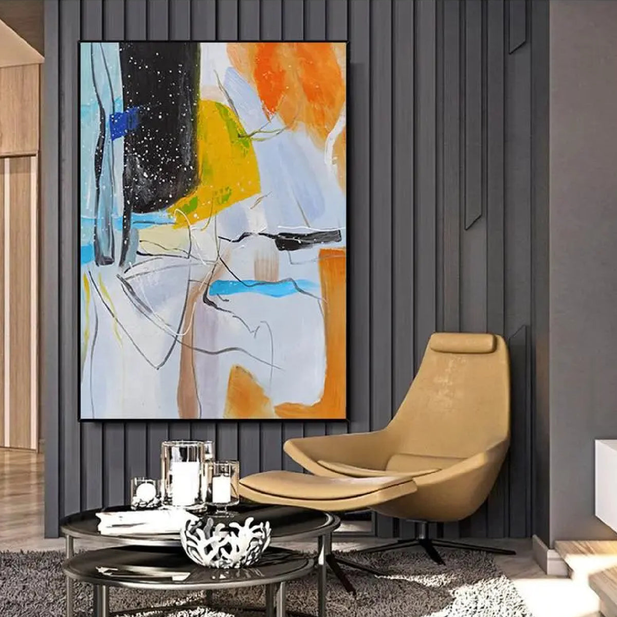 Room mockup. Pale blue and white fields with orange, yellow and black patches, thin scribbled lines and fine white splashes.