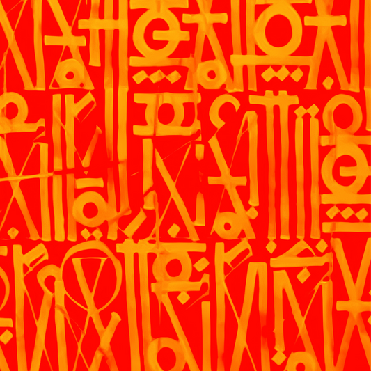 Close-up of yellow geometric symbols and stylised letterforms in dense rows on an orange-red background.