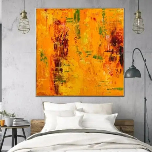 Room mockup showing bright orange and yellow textured field with dark red patches, small green marks and loose vertical strokes.