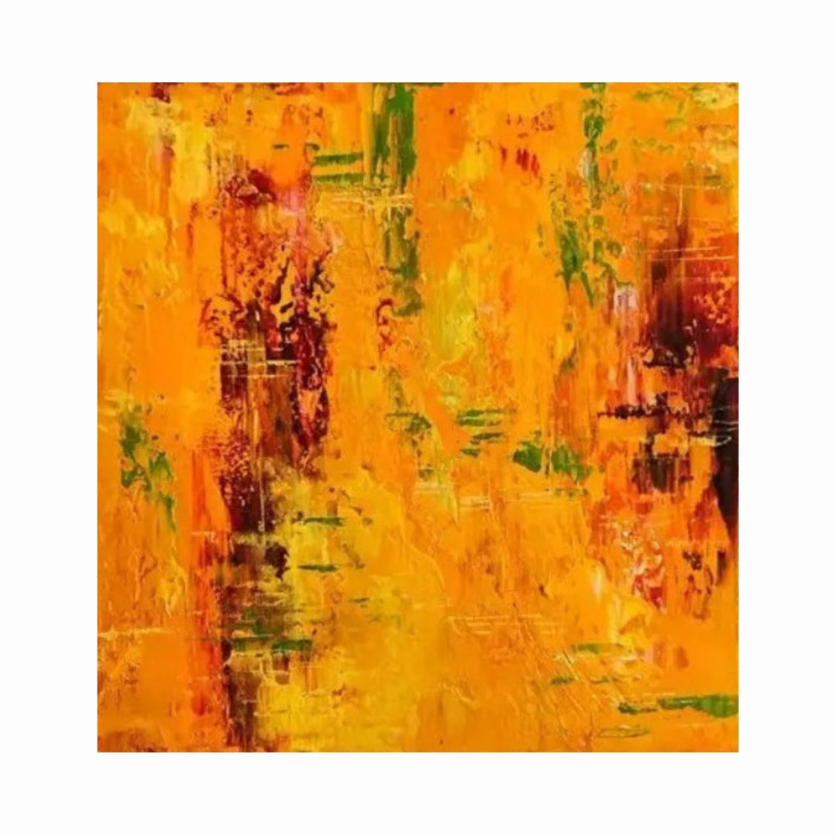 Bright orange and yellow textured field with dark red patches, small green marks and loose vertical strokes.