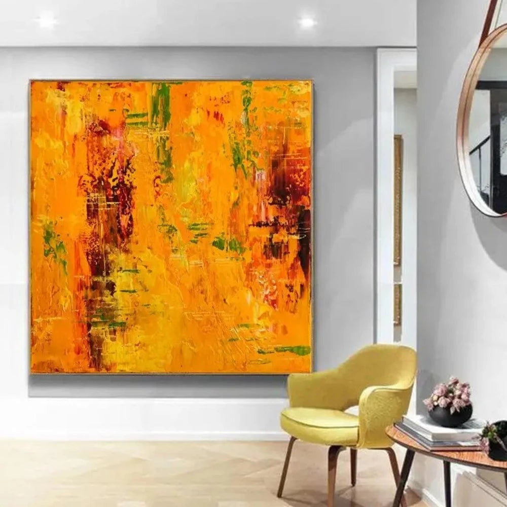 Room mockup showing bright orange and yellow textured field with dark red patches, small green marks and loose vertical strokes.